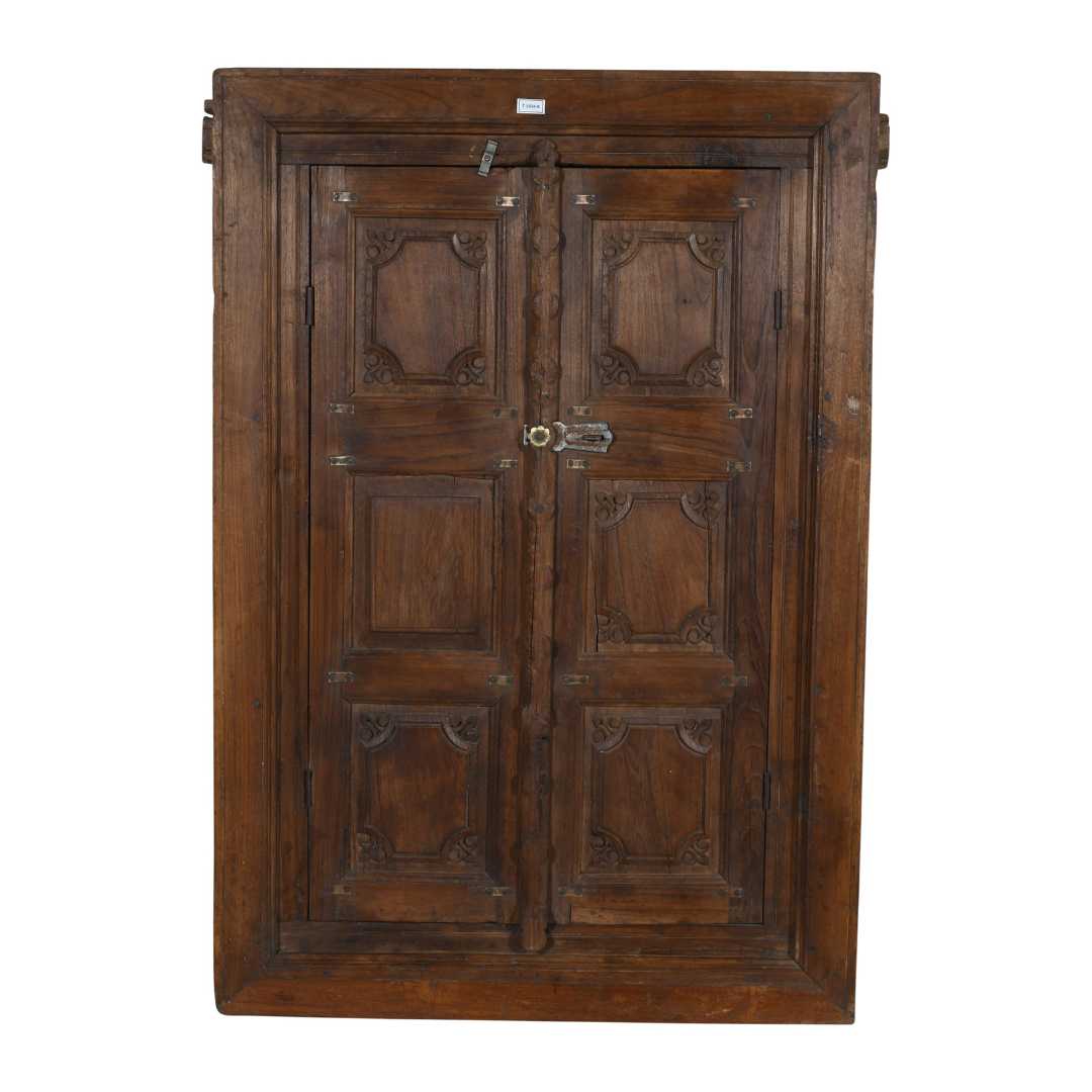 Antique Dark Walnut Brown Indian Teak Wood Shutter Mirror – 19th Century Rajasthan