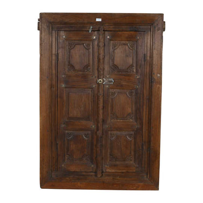 Antique Dark Walnut Brown Indian Teak Wood Shutter Mirror – 19th Century Rajasthan