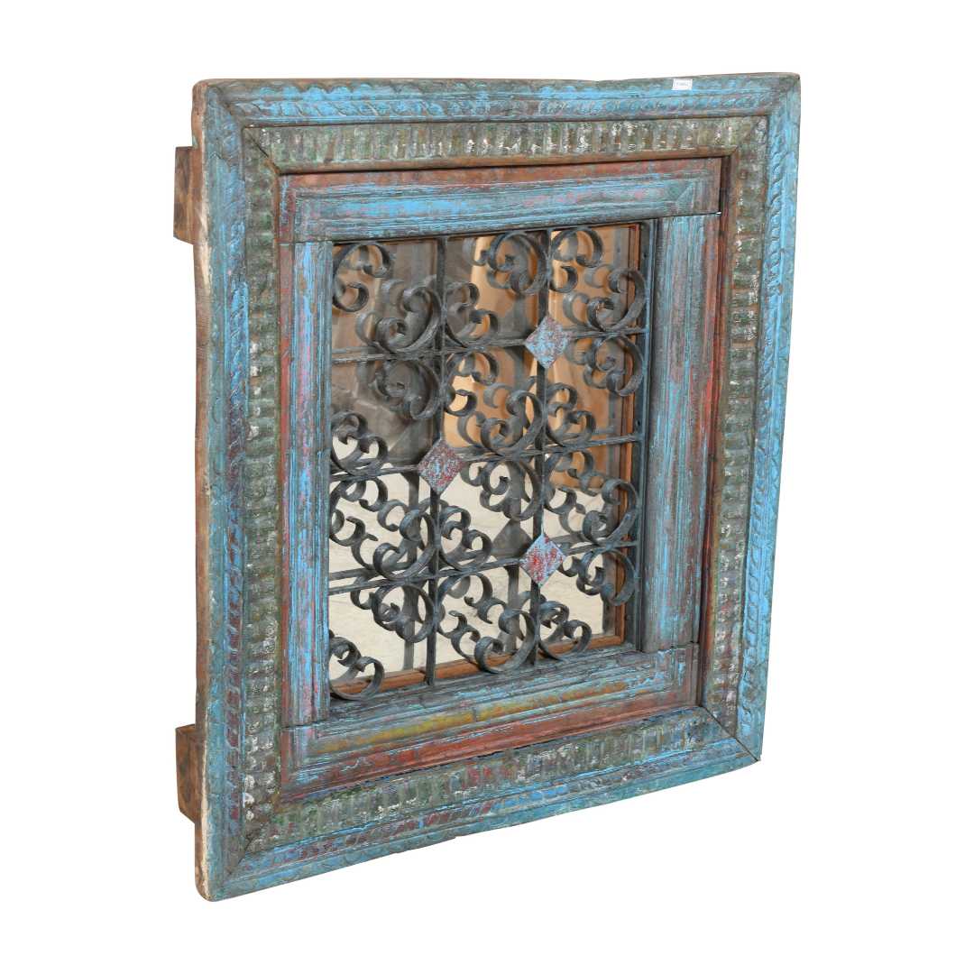Antique Azure Blue Indian Teak & Iron Jali Window Mirror – 19th Century Rajasthan