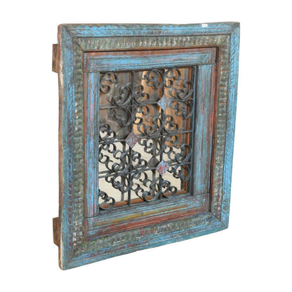 Antique Azure Blue Indian Teak & Iron Jali Window Mirror – 19th Century Rajasthan