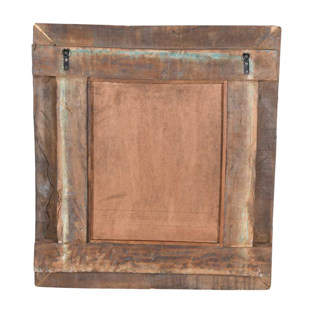 Antique Azure Blue Indian Teak & Iron Jali Window Mirror – 19th Century Rajasthan