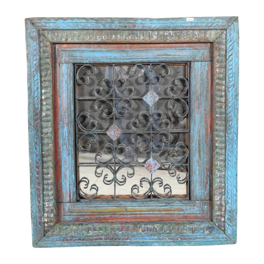 Antique Azure Blue Indian Teak & Iron Jali Window Mirror – 19th Century Rajasthan