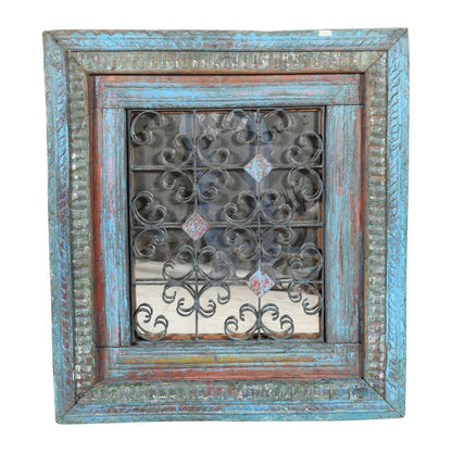 Antique Azure Blue Indian Teak & Iron Jali Window Mirror – 19th Century Rajasthan