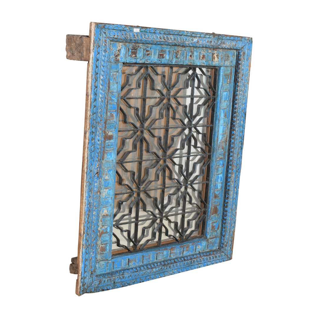 Antique Azure Blue Indian Teak & Iron Jali Window Mirror – Hand-Carved 19th Century Rajasthan