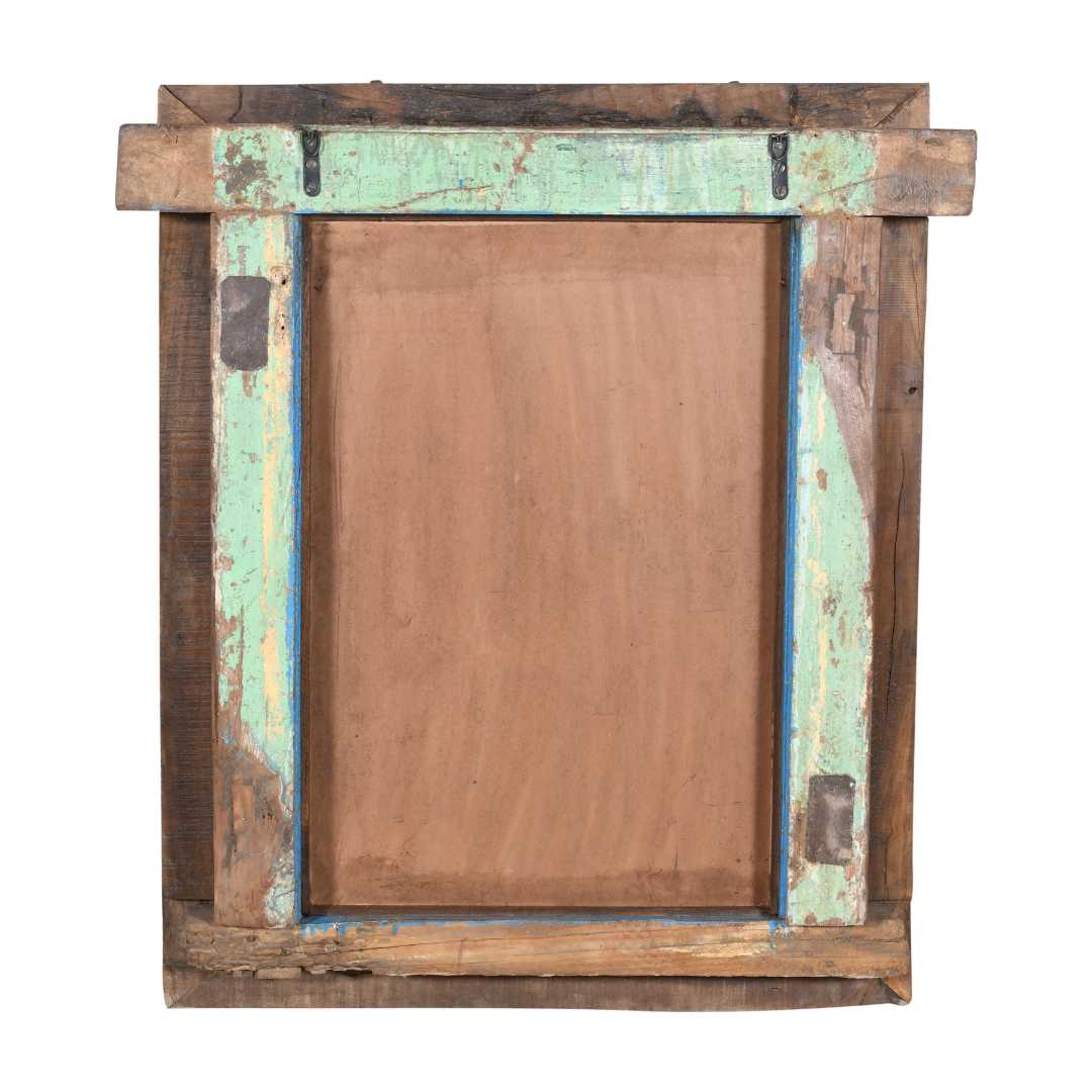 Antique Azure Blue Indian Teak & Iron Jali Window Mirror – Hand-Carved 19th Century Rajasthan