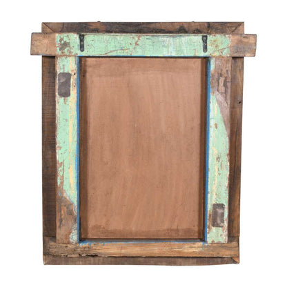 Antique Azure Blue Indian Teak & Iron Jali Window Mirror – Hand-Carved 19th Century Rajasthan