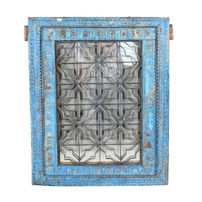 Antique Azure Blue Indian Teak & Iron Jali Window Mirror – Hand-Carved 19th Century Rajasthan
