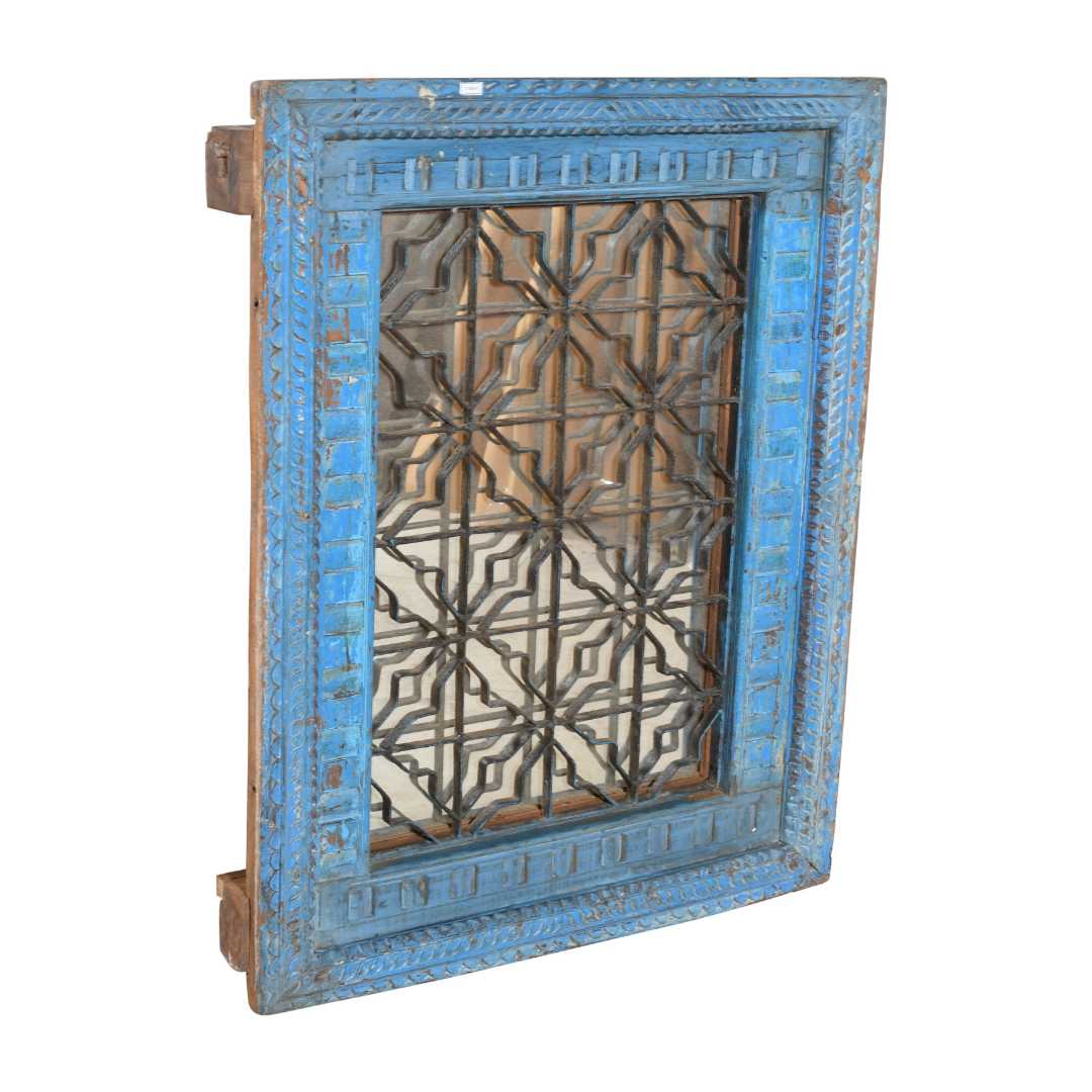 Antique Azure Blue Indian Teak & Iron Jali Window Mirror – Hand-Carved 19th Century Rajasthan