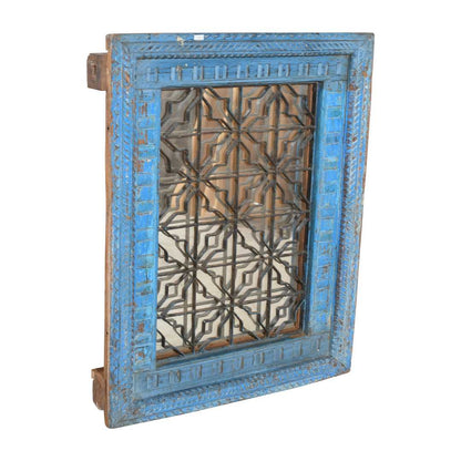 Antique Azure Blue Indian Teak & Iron Jali Window Mirror – Hand-Carved 19th Century Rajasthan