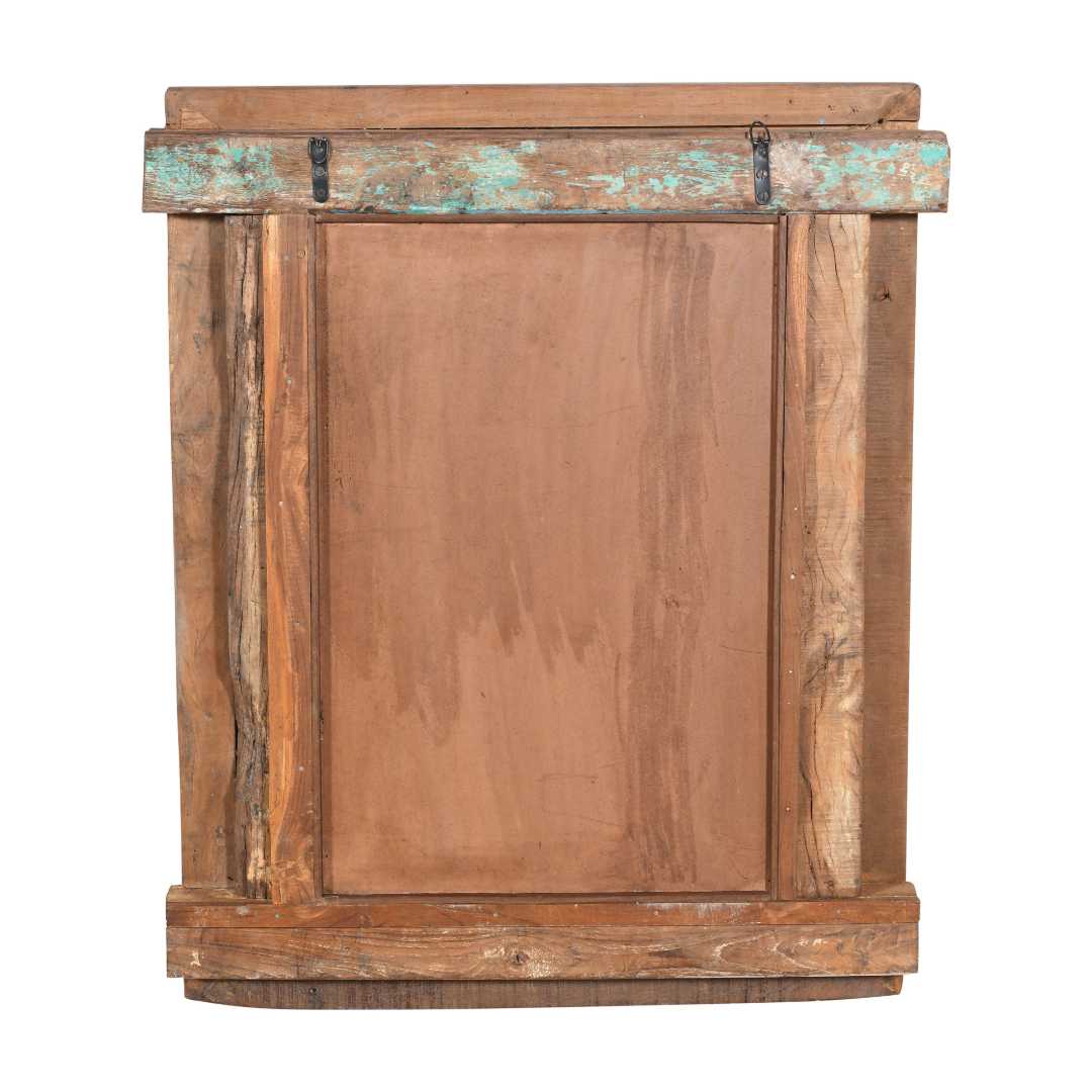 Antique Azure Blue Indian Teak & Iron Jali Window Mirror – Hand-Carved 19th Century Rajasthan
