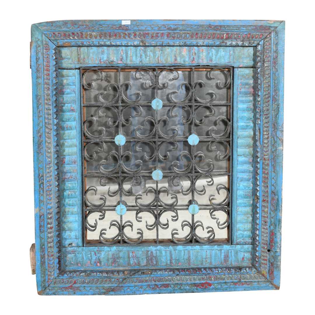 Antique Azure Blue Indian Teak Wood & Iron Jali Window Mirror