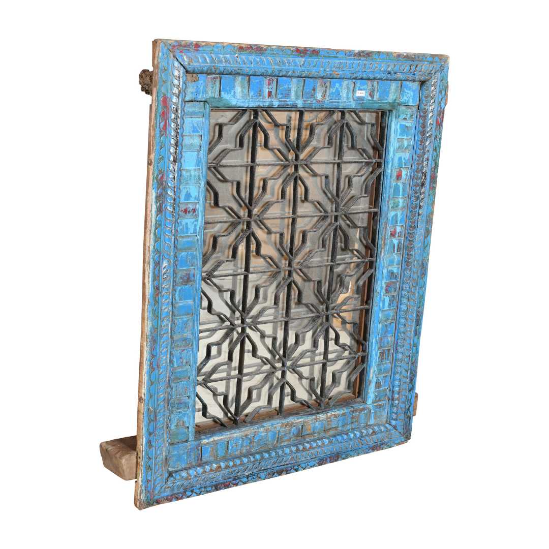 Distressed Turquoise Blue Antique Indian Teak Wood Iron Jali Window Mirror
