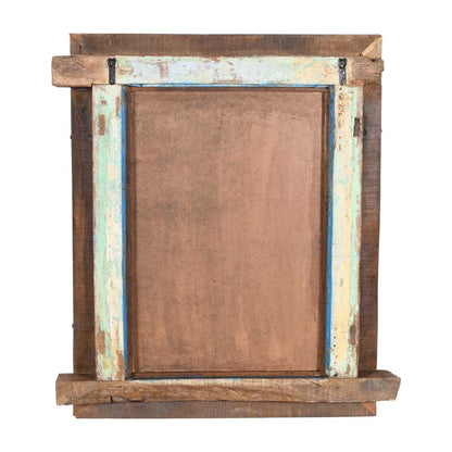 Distressed Turquoise Blue Antique Indian Teak Wood Iron Jali Window Mirror