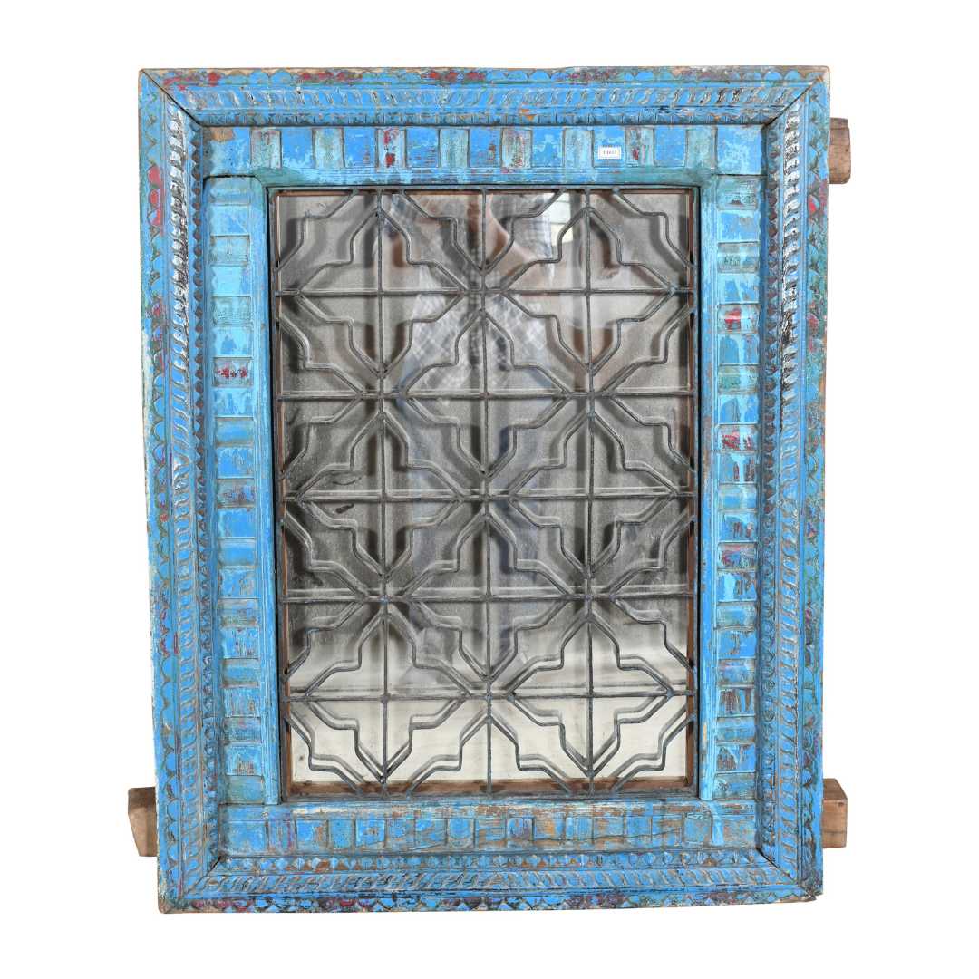 Distressed Turquoise Blue Antique Indian Teak Wood Iron Jali Window Mirror