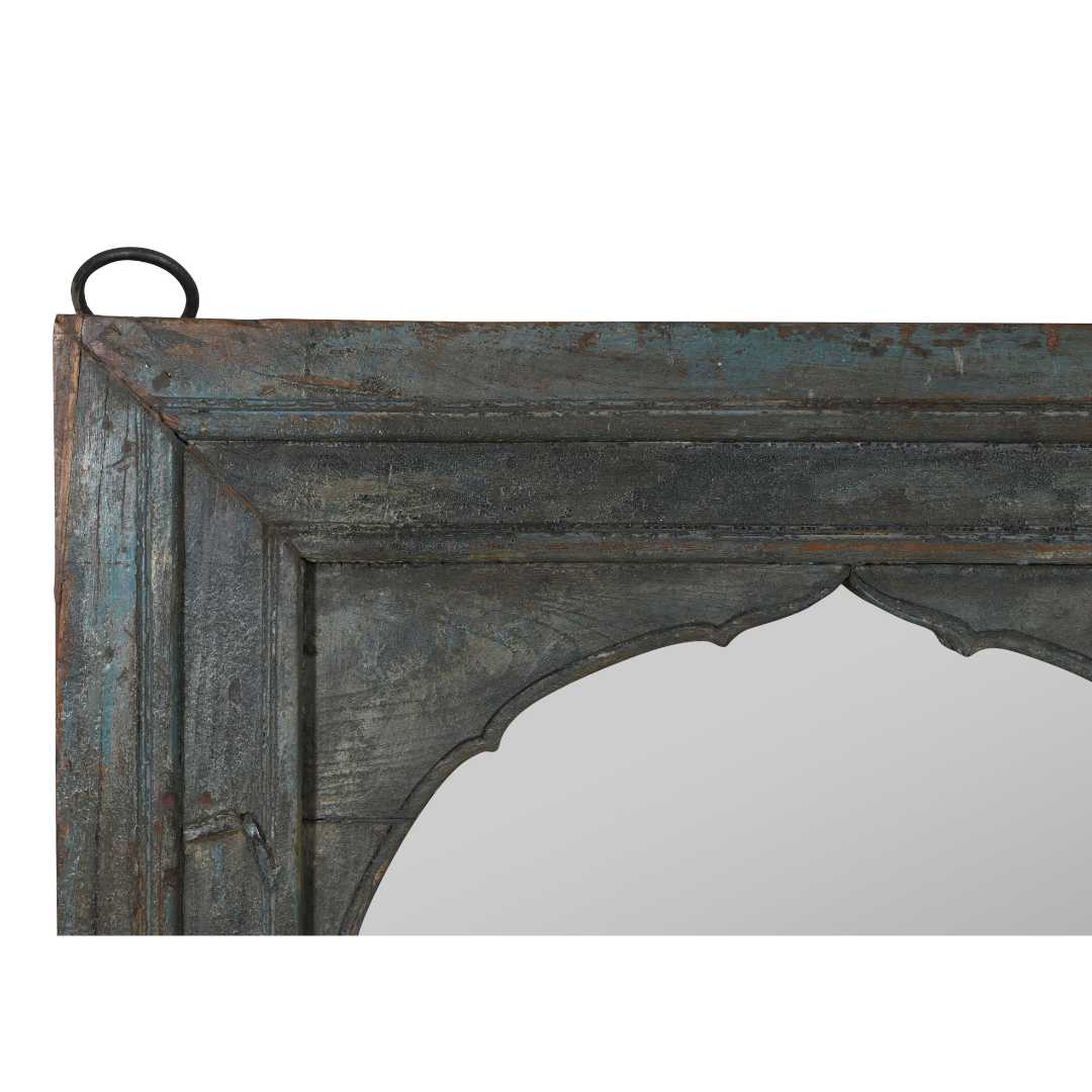 Antique Weathered Teal Indian Teak Wood Mehrab Window Mirror