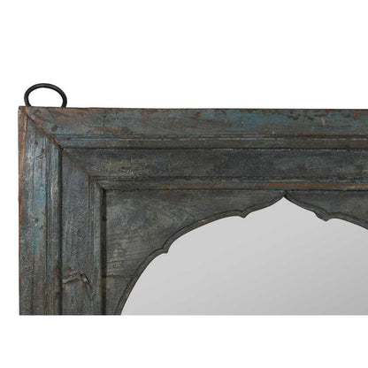 Antique Weathered Teal Indian Teak Wood Mehrab Window Mirror