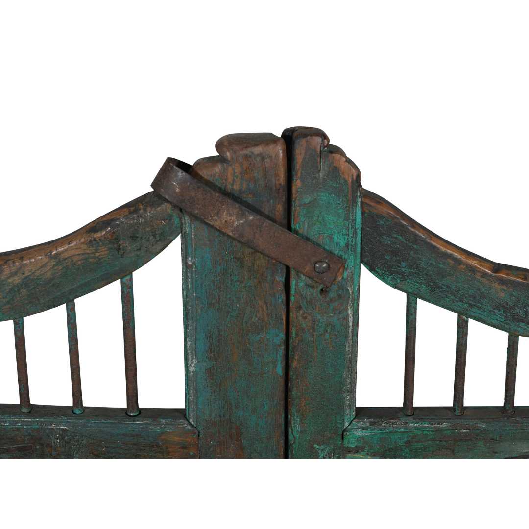 Antique Verdigris Teal & Rustic Brown Indian Teak Dog Gates Garden Gate Pair (c.1880–1900)