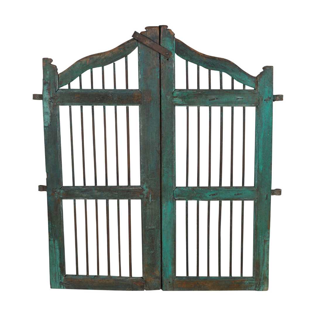 Antique Verdigris Teal & Rustic Brown Indian Teak Dog Gates Garden Gate Pair (c.1880–1900)