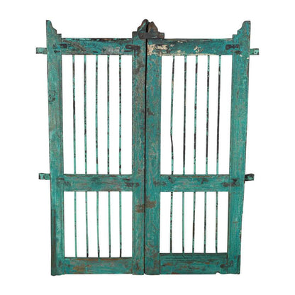 Antique Patinated Turquoise Indian Teak Dog Gates Garden Gate Pair (c.1880–1900)