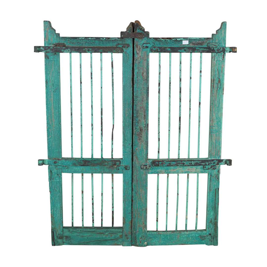 Antique Patinated Turquoise Indian Teak Dog Gates Garden Gate Pair (c.1880–1900)