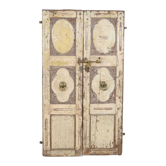 Antique Cream & Ochre Patina Indian Teak Doors – 1880s Gujarat Pair