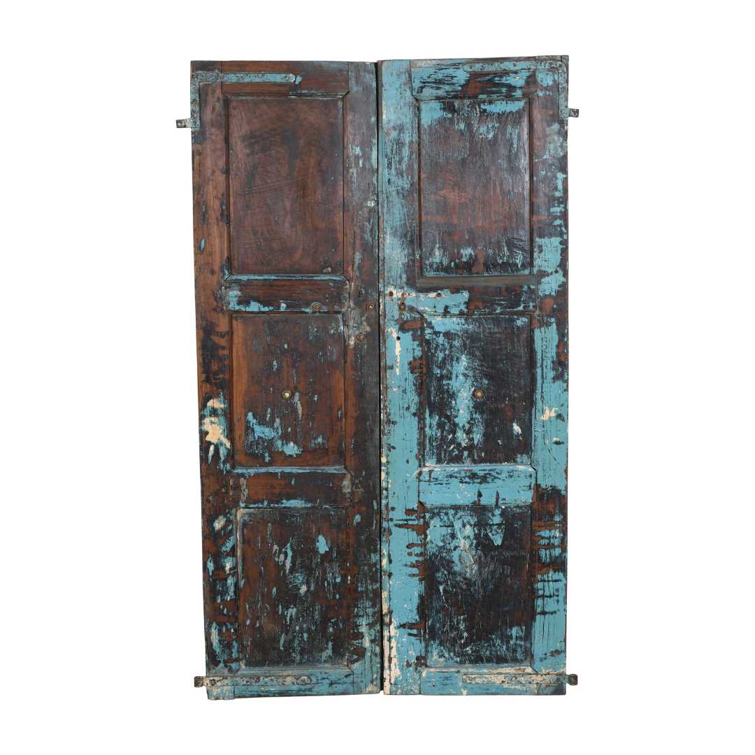 Antique Turquoise & Rustic Teak Indian Doors – 1880s Gujarat Pair
