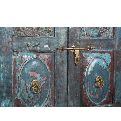 Antique Turquoise & Rustic Teak Indian Doors – 1880s Gujarat Pair