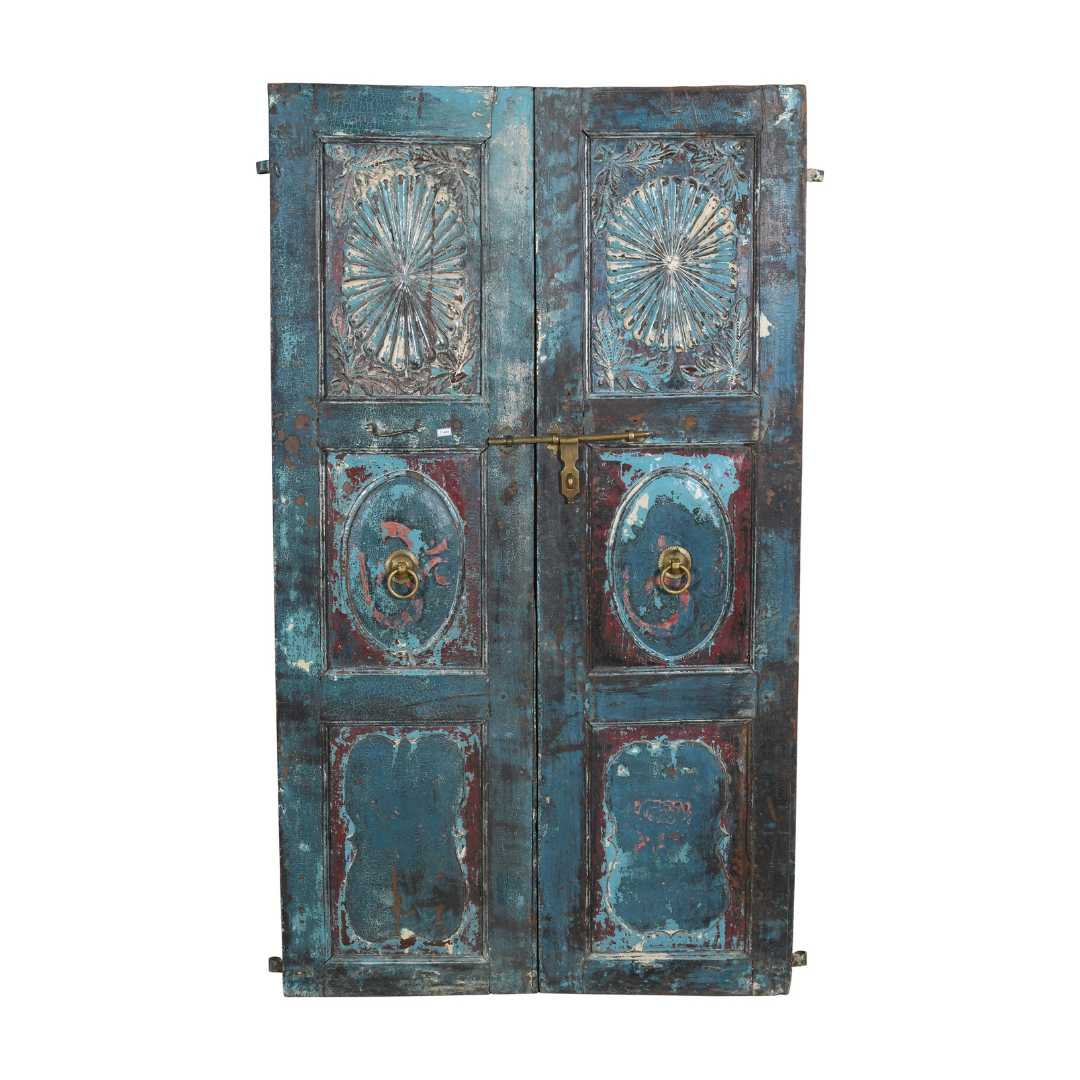 Antique Turquoise & Rustic Teak Indian Doors – 1880s Gujarat Pair