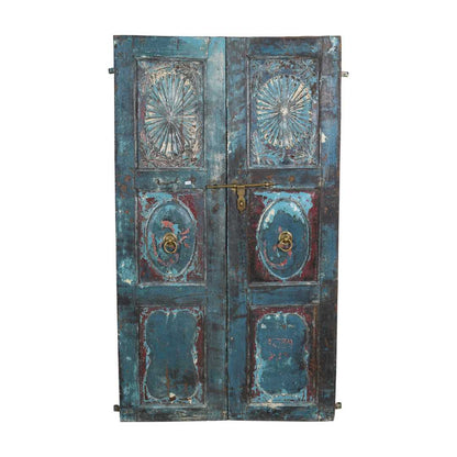 Antique Turquoise & Rustic Teak Indian Doors – 1880s Gujarat Pair