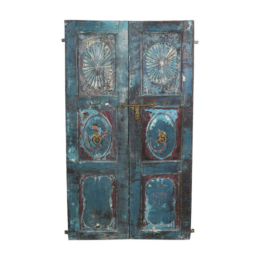 Antique Turquoise & Rustic Teak Indian Doors – 1880s Gujarat Pair