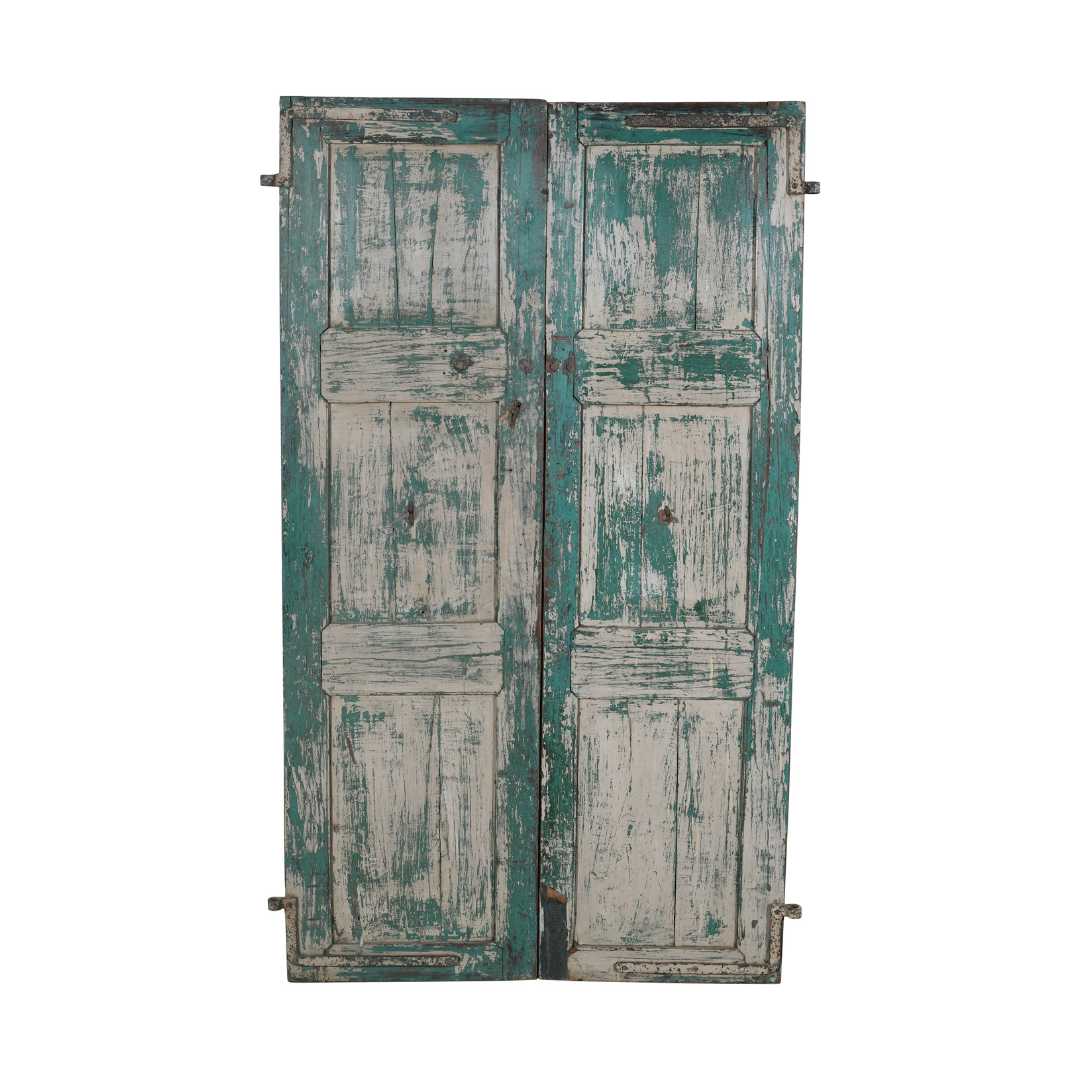 Antique Verdigris & Rose Patina Indian Teak Doors – 1880s Gujarat Pair