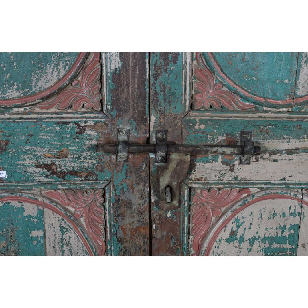 Antique Verdigris & Rose Patina Indian Teak Doors – 1880s Gujarat Pair