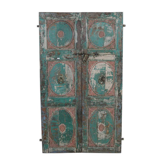 Antique Verdigris & Rose Patina Indian Teak Doors – 1880s Gujarat Pair