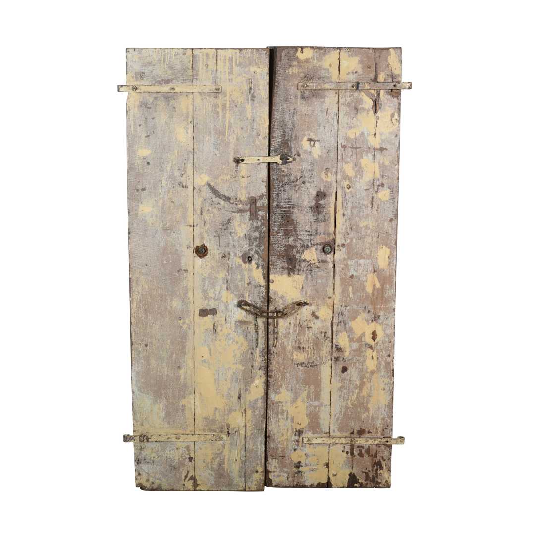 Antique Distressed Cream & Charcoal Teak Indian Doors – 1880s Gujarat Pair