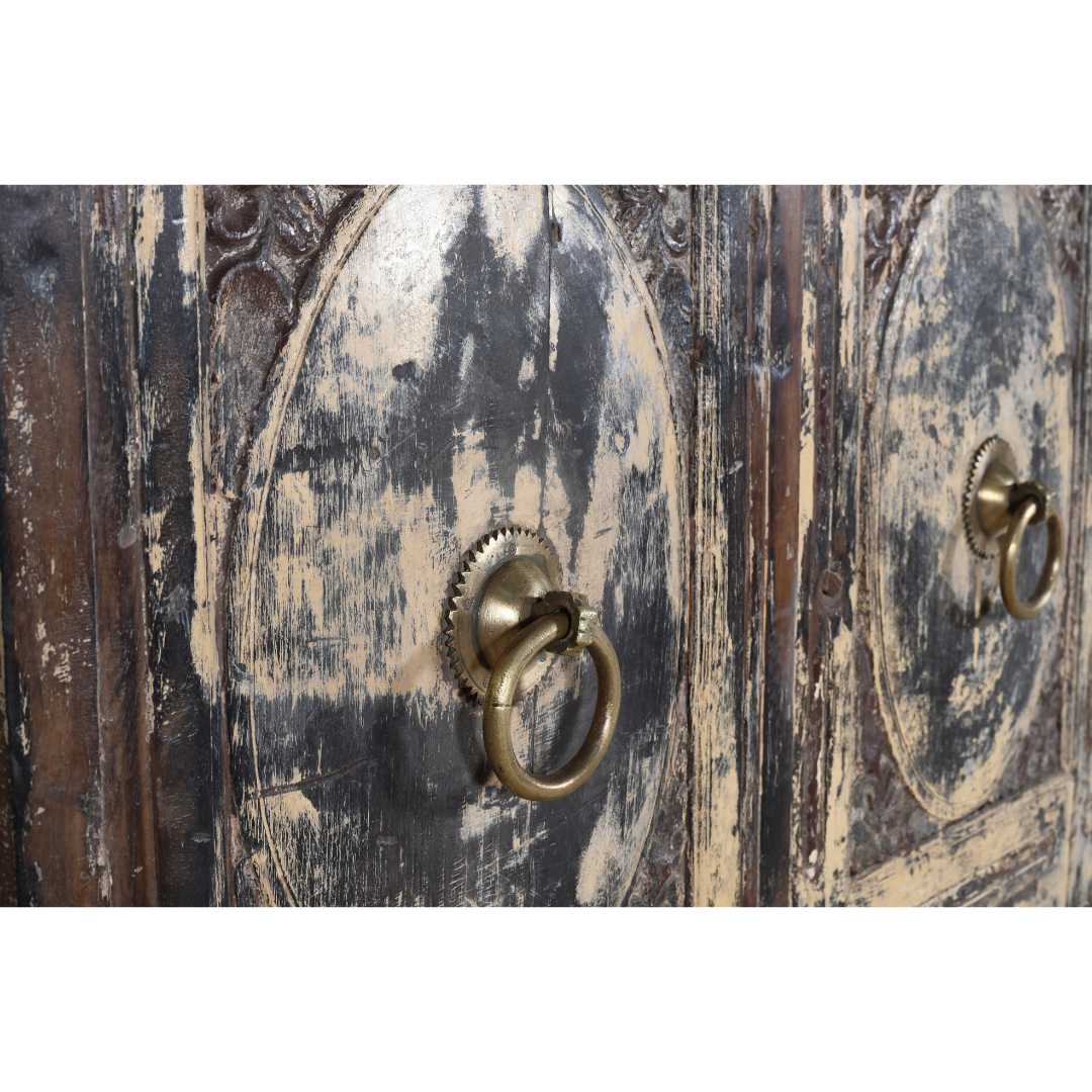 Antique Distressed Cream & Charcoal Teak Indian Doors – 1880s Gujarat Pair