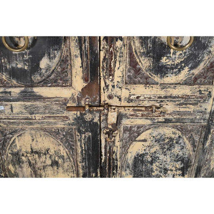 Antique Distressed Cream & Charcoal Teak Indian Doors – 1880s Gujarat Pair