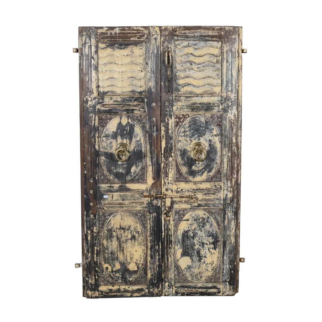 Antique Distressed Cream & Charcoal Teak Indian Doors – 1880s Gujarat Pair