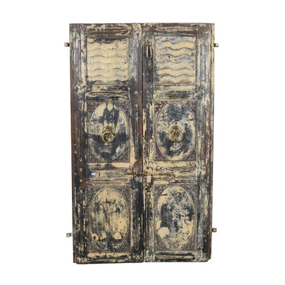 Antique Distressed Cream & Charcoal Teak Indian Doors – 1880s Gujarat Pair