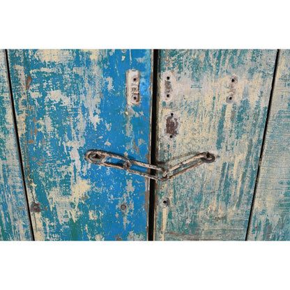 Antique Turquoise & Ochre Painted Teak Wood Pair of Doors – Gujarat c1880