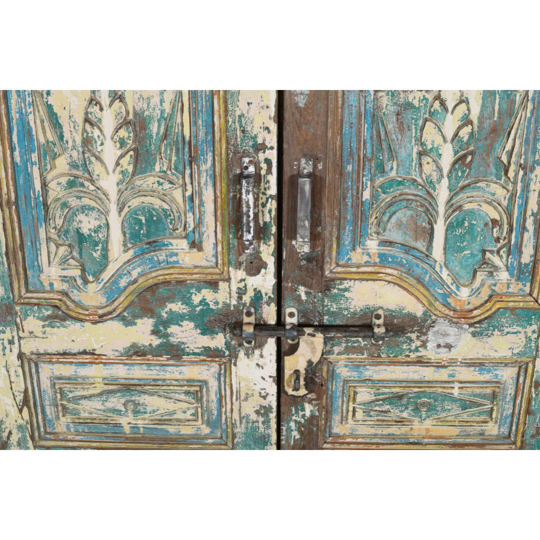 Antique Turquoise & Ochre Painted Teak Wood Pair of Doors – Gujarat c1880