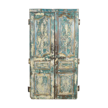 Antique Turquoise & Ochre Painted Teak Wood Pair of Doors – Gujarat c1880