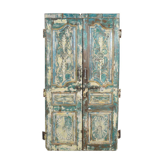 Antique Turquoise & Ochre Painted Teak Wood Pair of Doors – Gujarat c1880