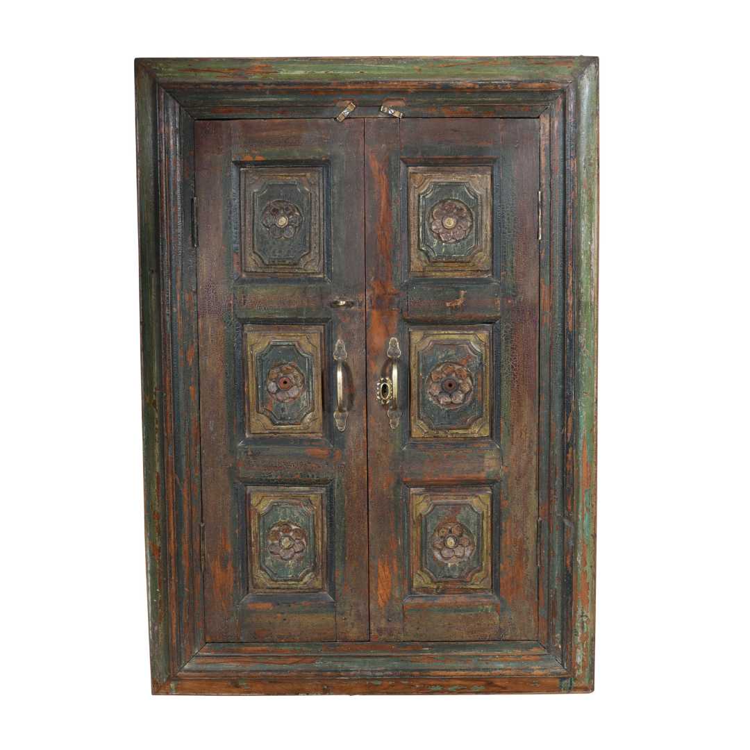 Antique Forest Green & Rustic Teak Shutter Mirror – 19th Century Indian Window Frame