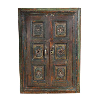 Antique Forest Green & Rustic Teak Shutter Mirror – 19th Century Indian Window Frame