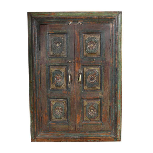 Antique Forest Green & Rustic Teak Shutter Mirror – 19th Century Indian Window Frame