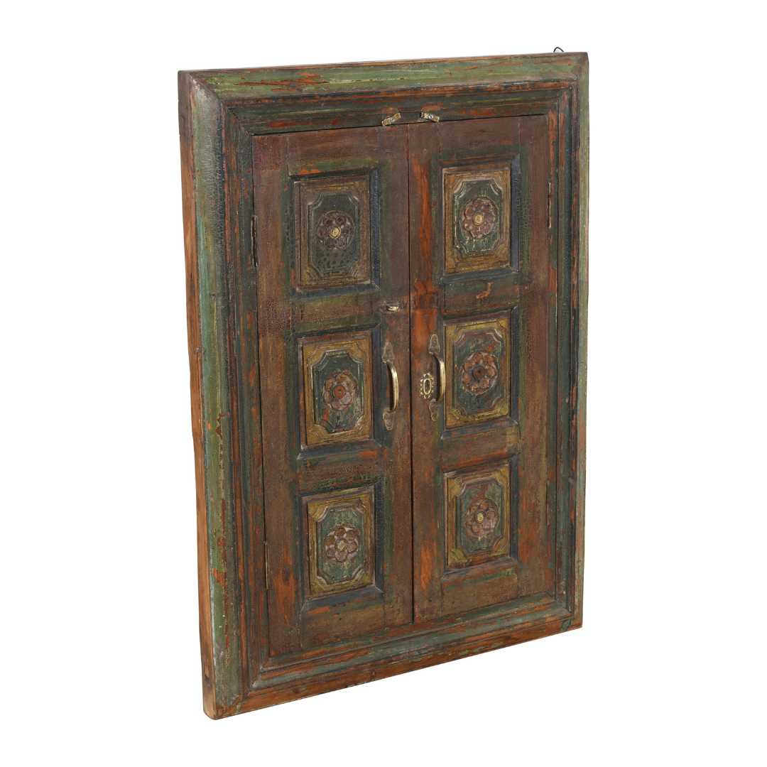 Antique Forest Green & Rustic Teak Shutter Mirror – 19th Century Indian Window Frame