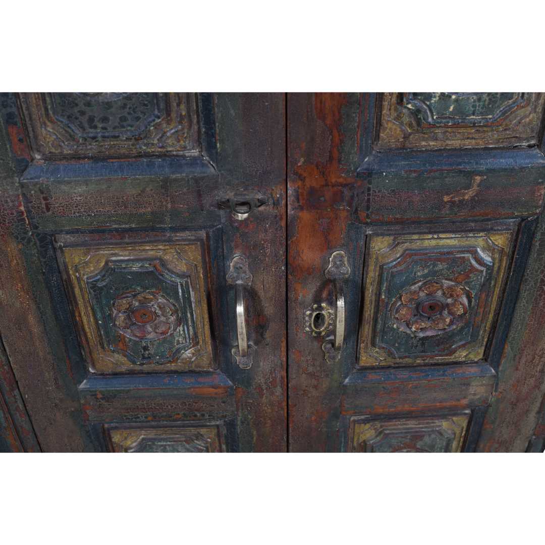 Antique Forest Green & Rustic Teak Shutter Mirror – 19th Century Indian Window Frame