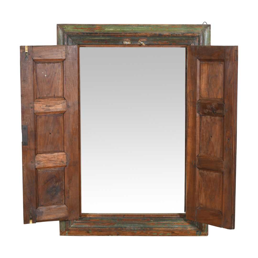 Antique Forest Green & Rustic Teak Shutter Mirror – 19th Century Indian Window Frame