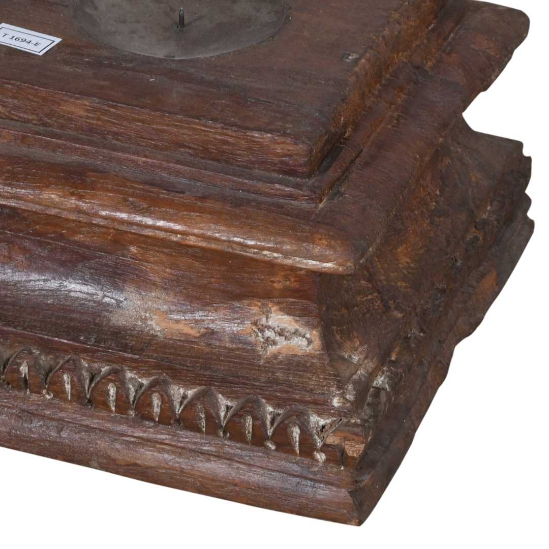 Rustic Mahogany Brown Antique Indian Teak Pillar Base Candle Holder – Hand-Carved 19th Century Salvage