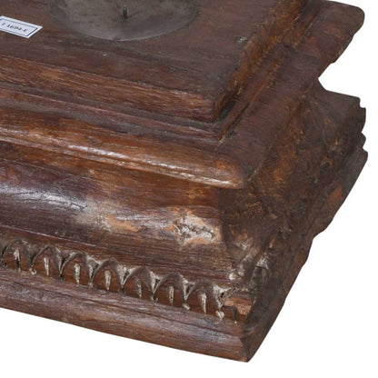Rustic Mahogany Brown Antique Indian Teak Pillar Base Candle Holder – Hand-Carved 19th Century Salvage
